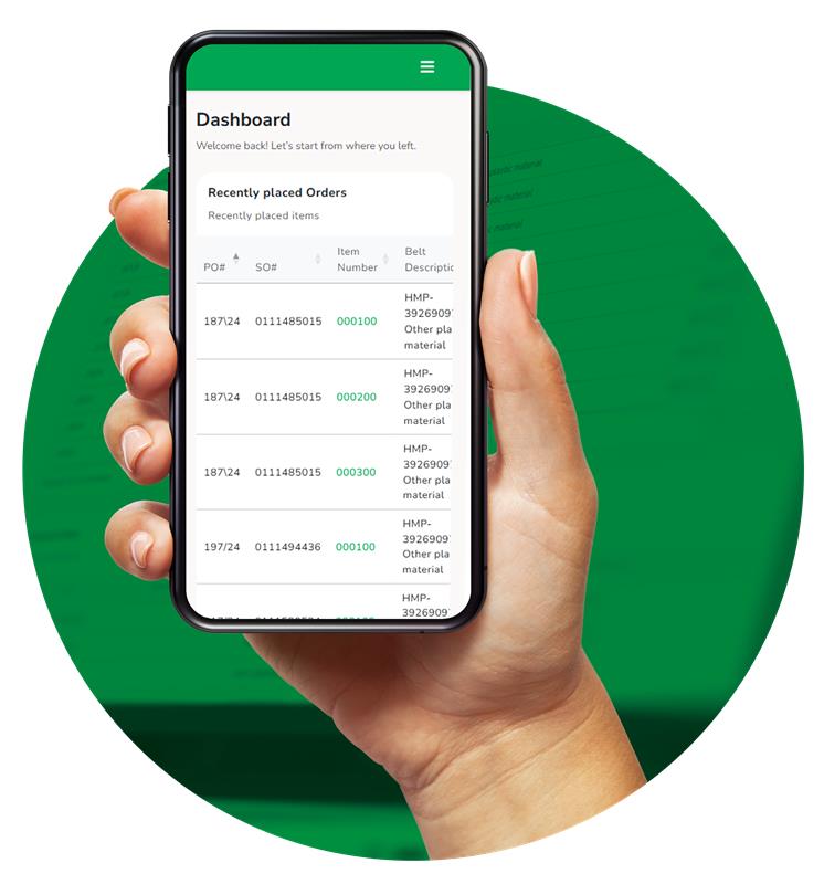 Mobile phone with open Habasit 360 customer portal  on the screen
